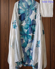 Wrinkle  Digital Print Unstitched Suit Set with Embroidery & Sequin Highlighting