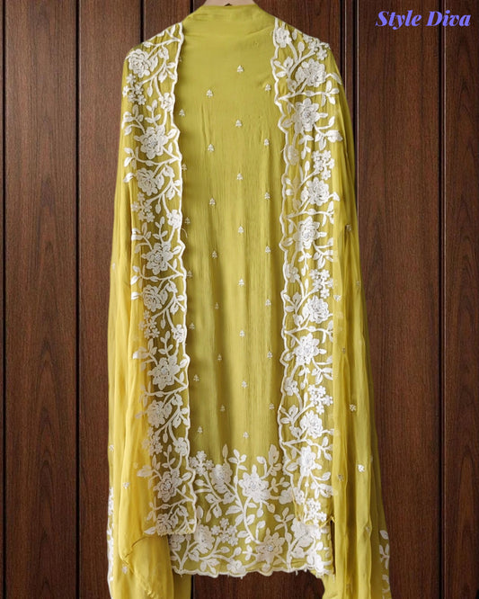 Premium Chinnon Overall Embroidered Unstitched Suit with Pearl Highlights