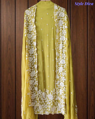 Premium Chinnon Overall Embroidered Unstitched Suit with Pearl Highlights
