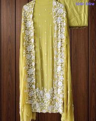 Premium Chinnon Overall Embroidered Unstitched Suit with Pearl Highlights