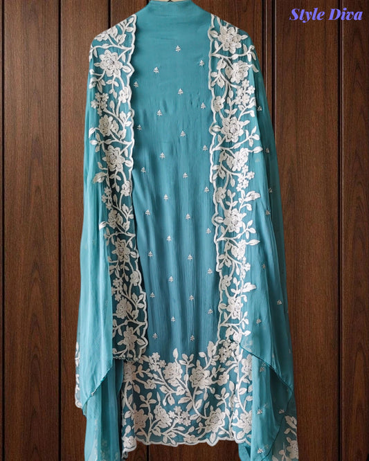 Premium Chinnon Overall Embroidered Unstitched Suit with Pearl Highlights