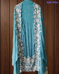 Premium Chinnon Overall Embroidered Unstitched Suit with Pearl Highlights