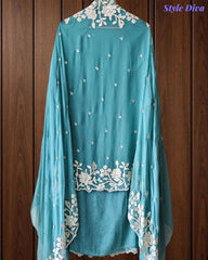 Premium Chinnon Overall Embroidered Unstitched Suit with Pearl Highlights