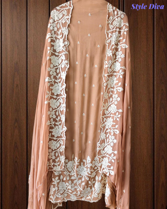 Premium Chinnon Overall Embroidered Unstitched Suit with Pearl Highlights