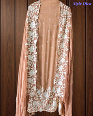 Premium Chinnon Overall Embroidered Unstitched Suit with Pearl Highlights