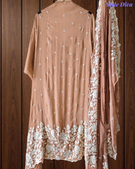 Premium Chinnon Overall Embroidered Unstitched Suit with Pearl Highlights