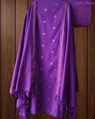 Pure Handloom Cotton Unstitched Suit Set with All-Over Embroidery & Tassel Dupatta