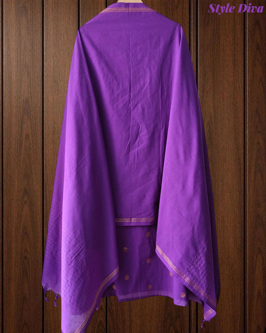 Pure Handloom Cotton Unstitched Suit Set with All-Over Embroidery & Tassel Dupatta