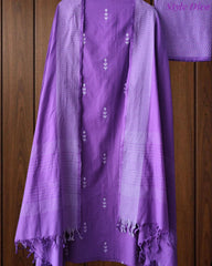 Pure Handloom Cotton Unstitched Suit Set with All-Over Embroidery & Tassel Dupatta