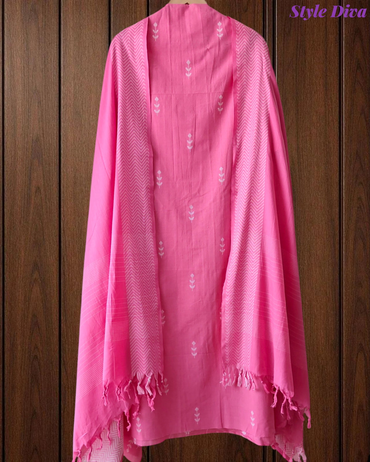 Pure Handloom Cotton Unstitched Suit Set with All-Over Embroidery & Tassel Dupatta