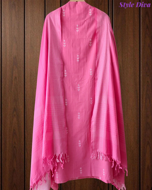 Pure Handloom Cotton Unstitched Suit Set with All-Over Embroidery & Tassel Dupatta