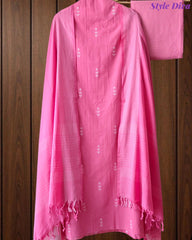 Pure Handloom Cotton Unstitched Suit Set with All-Over Embroidery & Tassel Dupatta