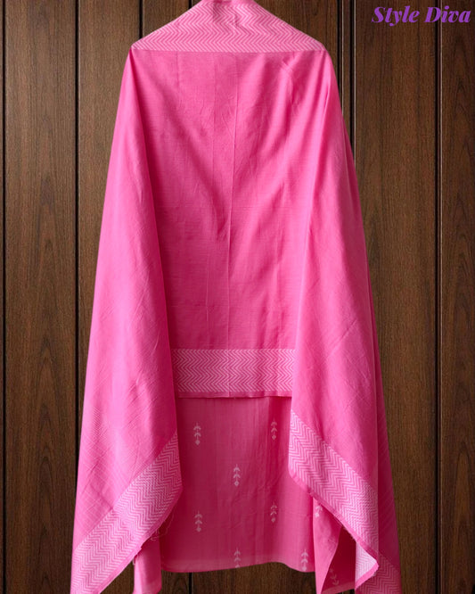 Pure Handloom Cotton Unstitched Suit Set with All-Over Embroidery & Tassel Dupatta
