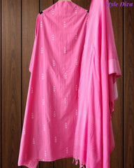 Pure Handloom Cotton Unstitched Suit Set with All-Over Embroidery & Tassel Dupatta