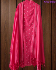 Pure Handloom Cotton Unstitched Suit Set with All-Over Embroidery & Tassel Dupatta
