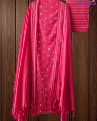 Pure Handloom Cotton Unstitched Suit Set with All-Over Embroidery & Tassel Dupatta