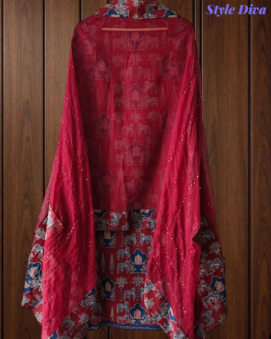 Cotton Pichwai Art Unstitched Suit Set with Kota Dupatta & Zari Highlighting