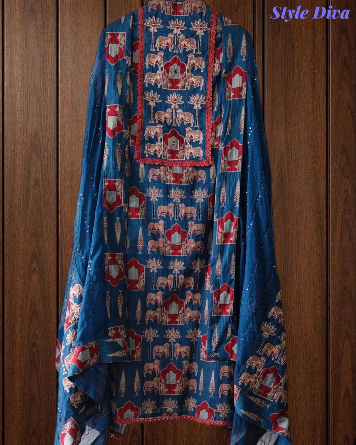 Cotton Pichwai Art Unstitched Suit Set with Kota Dupatta & Zari Highlighting