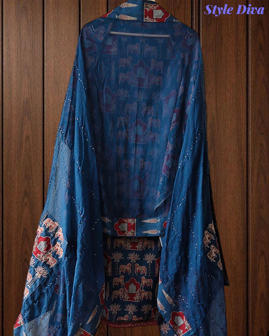 Cotton Pichwai Art Unstitched Suit Set with Kota Dupatta & Zari Highlighting