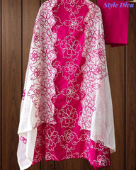 Pure Cotton Unstitched Suit Set with Overall Embroidery & Embroidered Cotton Dupatta