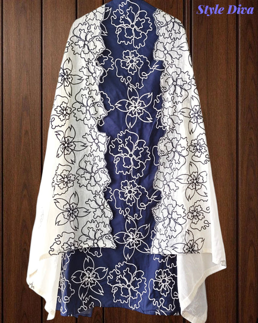 Pure Cotton Unstitched Suit Set with Overall Embroidery & Embroidered Cotton Dupatta
