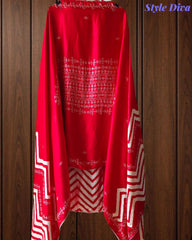 Gajji Silk Digital Print Unstitched Suit Set with Faux Mirror Highlights & Border Dupatta