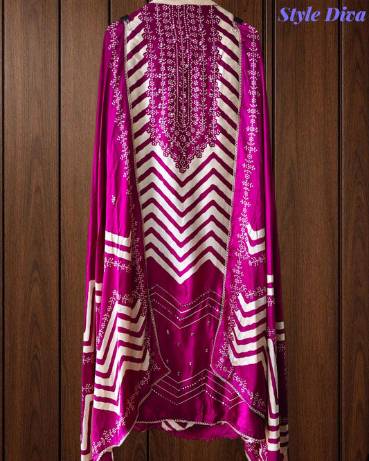 Gajji Silk Digital Print Unstitched Suit Set with Faux Mirror Highlights & Border Dupatta