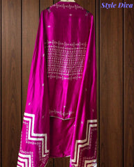 Gajji Silk Digital Print Unstitched Suit Set with Faux Mirror Highlights & Border Dupatta