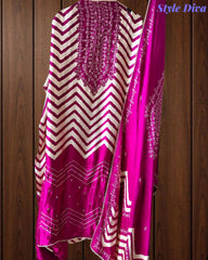 Gajji Silk Digital Print Unstitched Suit Set with Faux Mirror Highlights & Border Dupatta