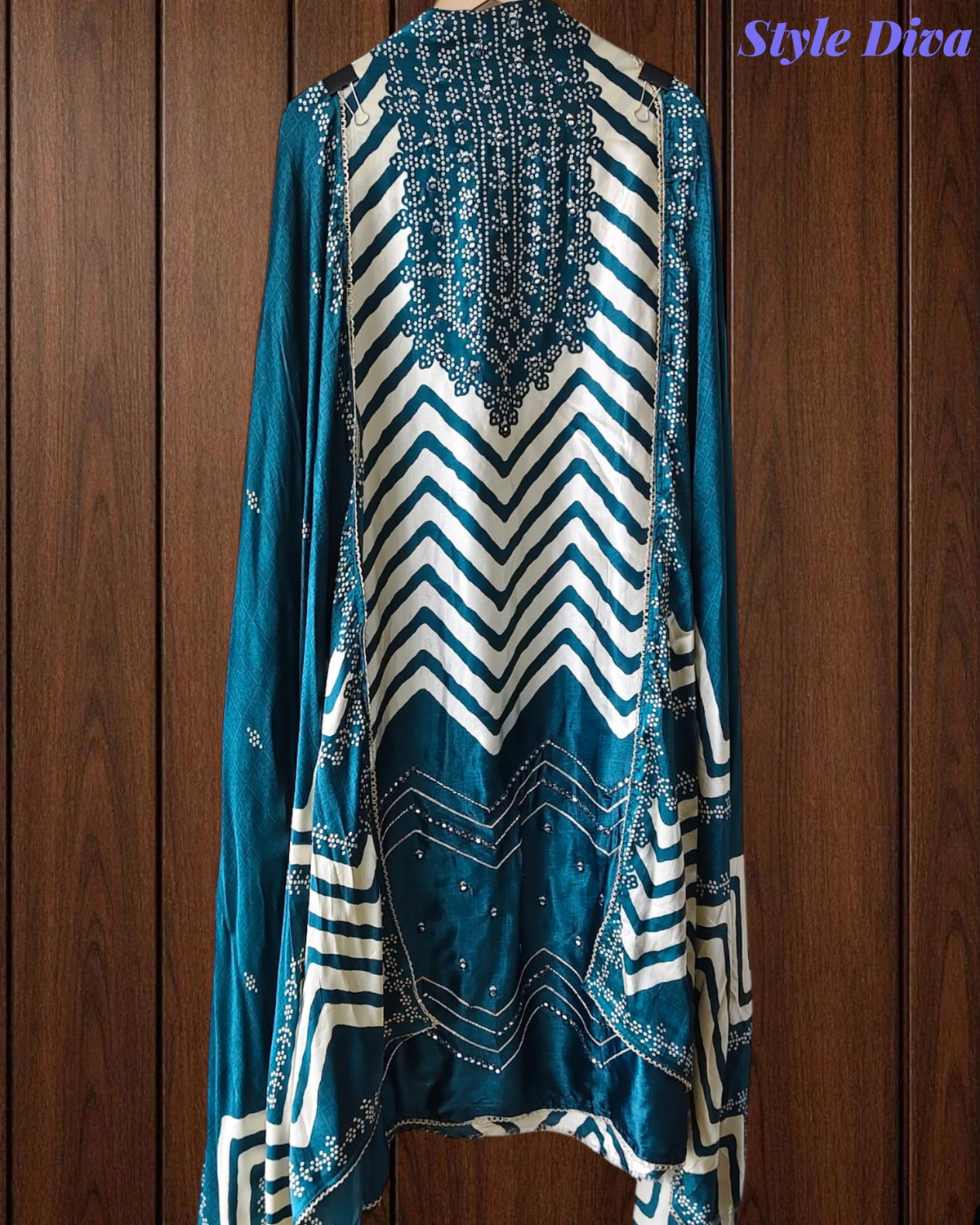 Gajji Silk Digital Print Unstitched Suit Set with Faux Mirror Highlights & Border Dupatta