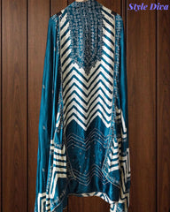 Gajji Silk Digital Print Unstitched Suit Set with Faux Mirror Highlights & Border Dupatta