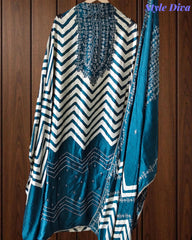 Gajji Silk Digital Print Unstitched Suit Set with Faux Mirror Highlights & Border Dupatta