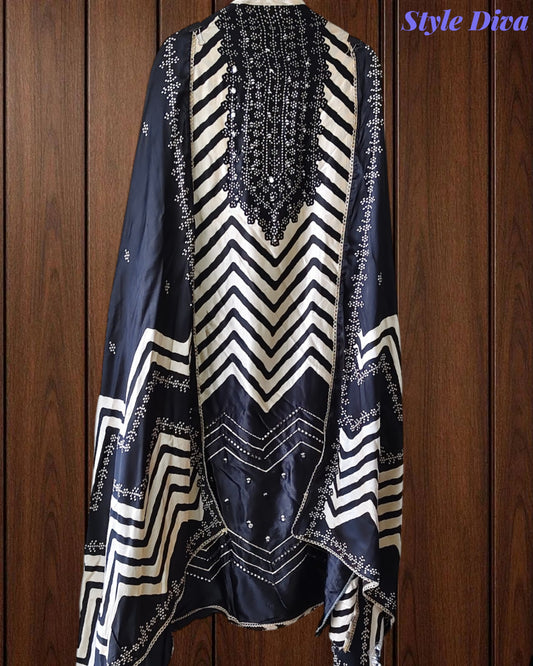 Gajji Silk Digital Print Unstitched Suit Set with Faux Mirror Highlights & Border Dupatta