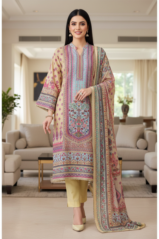 Premium Pure Cotton Digital Print Dress Material with Crochet Lace Border Dupatta