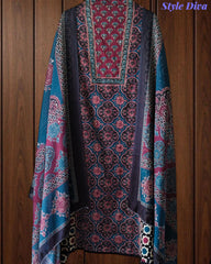 Cotton Printed Unstitched Suit Set with Faux Mirror Work & Mul Cotton Printed Dupatta