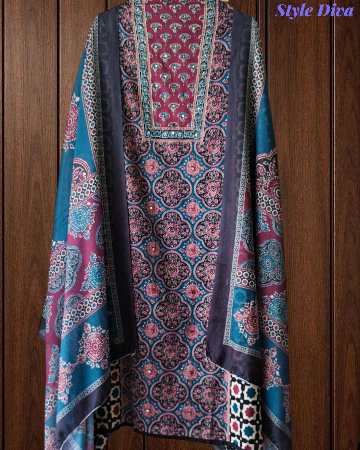 Cotton Printed Unstitched Suit Set with Faux Mirror Work & Mul Cotton Printed Dupatta