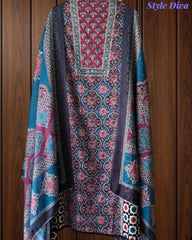 Cotton Printed Unstitched Suit Set with Faux Mirror Work & Mul Cotton Printed Dupatta