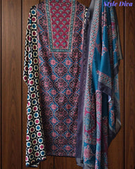 Cotton Printed Unstitched Suit Set with Faux Mirror Work & Mul Cotton Printed Dupatta