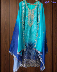 Chinnon Ombre Digital Printed 3-Piece Fully Stitched Suit with Sequin Embroidery & Shantoon Pants