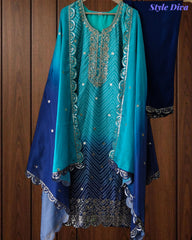 Chinnon Ombre Digital Printed 3-Piece Fully Stitched Suit with Sequin Embroidery & Shantoon Pants