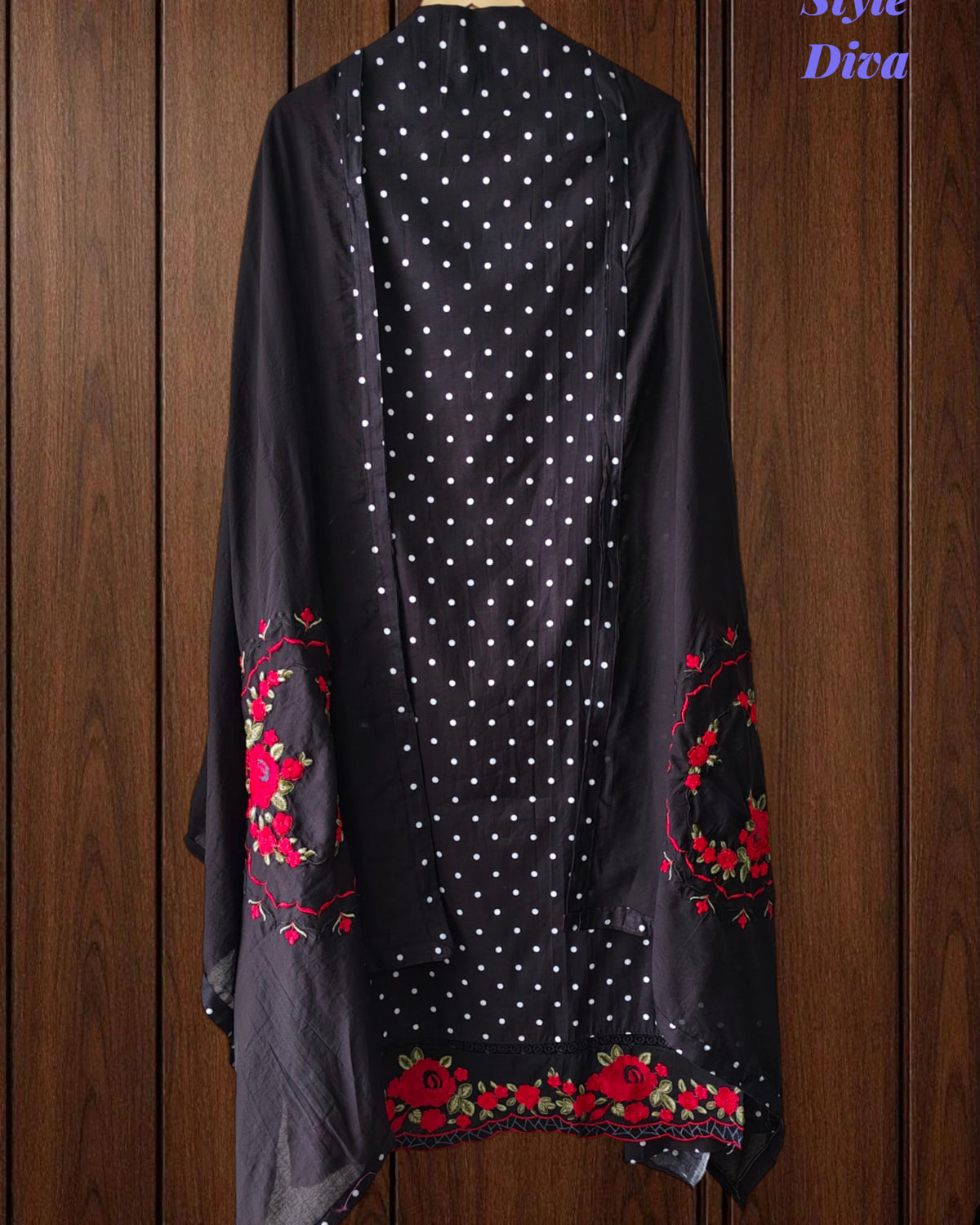 Pure Cotton Polka Printed Unstitched Suit Set with Daman Embroidery & Cotton Dupatta