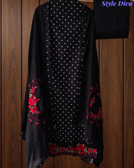 Pure Cotton Polka Printed Unstitched Suit Set with Daman Embroidery & Cotton Dupatta
