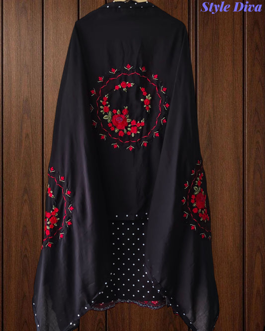 Pure Cotton Polka Printed Unstitched Suit Set with Daman Embroidery & Cotton Dupatta