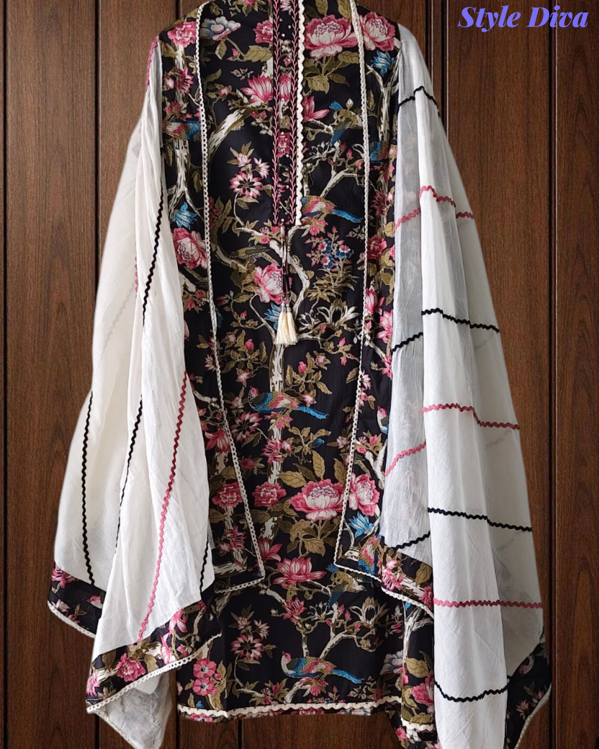 Cotton Floral Print Unstitched Suit Set with Crochet Lace  & Cotton Dupatta