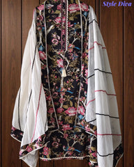 Cotton Floral Print Unstitched Suit Set with Crochet Lace  & Cotton Dupatta