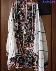 Cotton Floral Print Unstitched Suit Set with Crochet Lace  & Cotton Dupatta