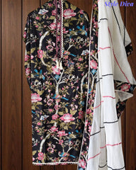 Cotton Floral Print Unstitched Suit Set with Crochet Lace  & Cotton Dupatta