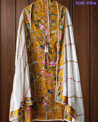 Cotton Floral Print Unstitched Suit Set with Crochet Lace  & Cotton Dupatta
