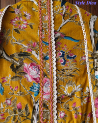 Cotton Floral Print Unstitched Suit Set with Crochet Lace  & Cotton Dupatta