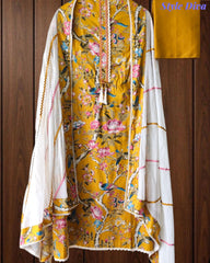 Cotton Floral Print Unstitched Suit Set with Crochet Lace  & Cotton Dupatta